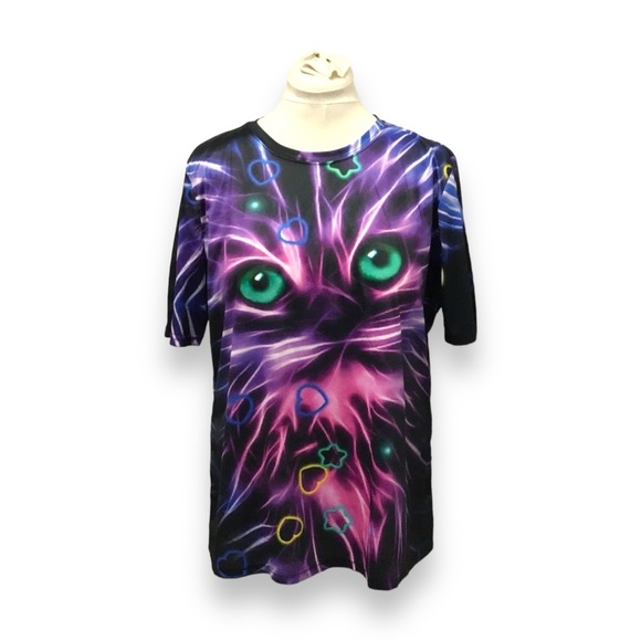 Cosmic Cat Green Eyes Hearts and Stars All Over Print Women’s Tee - Picture 1 of 10